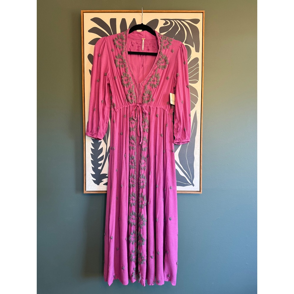 NWT Free People Fable Embroidered Maxi Dress Fuchsia Pink Boho XS NEW